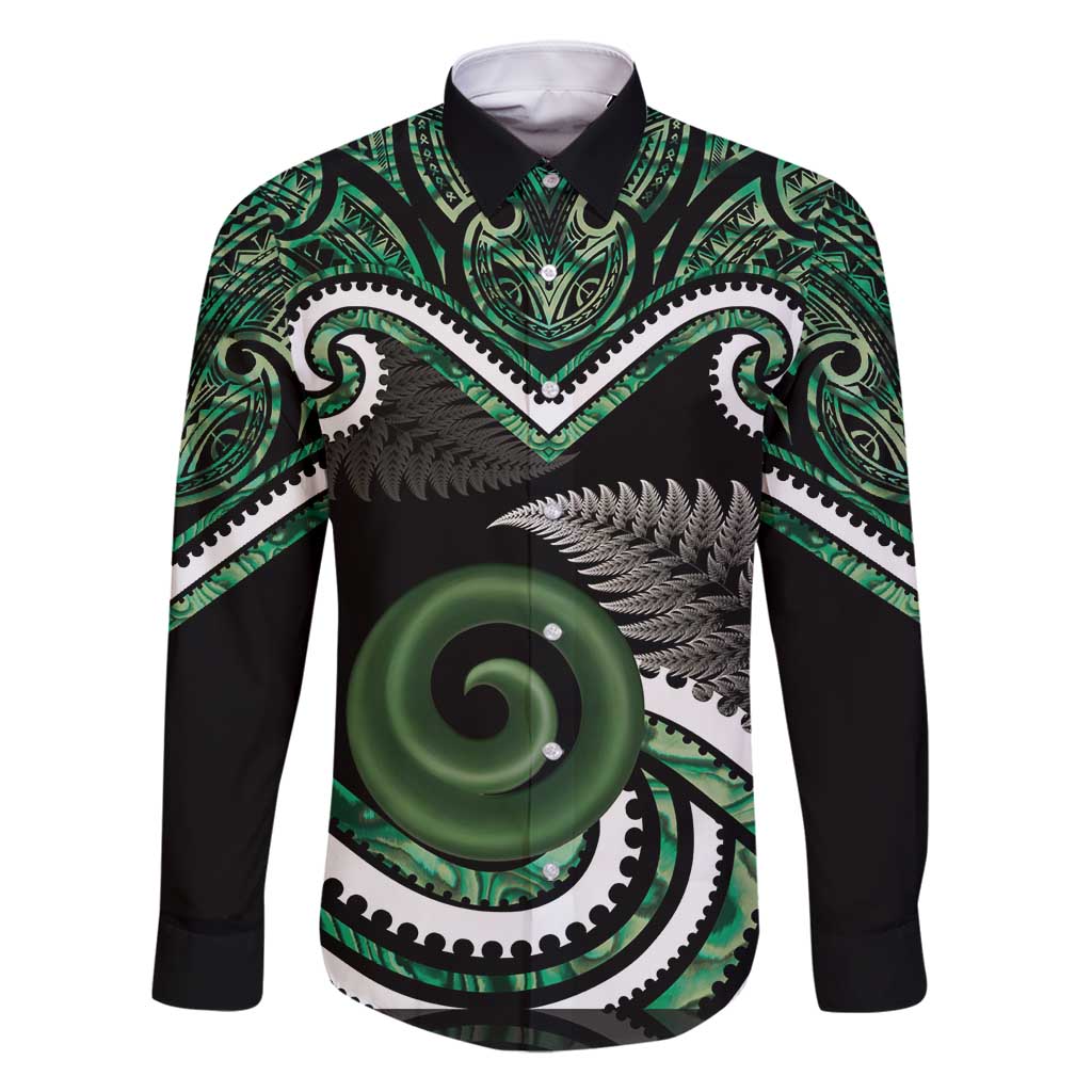 Koru Pounamu Aotearoa Family Matching Off Shoulder Short Dress and Hawaiian Shirt Maori Paua Shell Mix Silver Fern LT14 Dad's Shirt - Long Sleeve Black - Polynesian Pride
