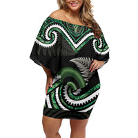 Koru Pounamu Aotearoa Family Matching Off Shoulder Short Dress and Hawaiian Shirt Maori Paua Shell Mix Silver Fern LT14 Mom's Dress Black - Polynesian Pride
