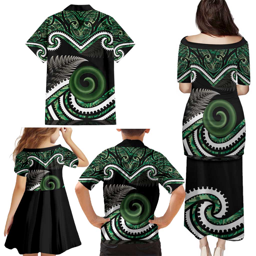 Koru Pounamu Aotearoa Family Matching Puletasi and Hawaiian Shirt Maori Paua Shell Mix Silver Fern LT14 - Polynesian Pride