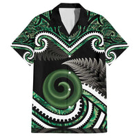 Koru Pounamu Aotearoa Family Matching Puletasi and Hawaiian Shirt Maori Paua Shell Mix Silver Fern LT14 Dad's Shirt - Short Sleeve Black - Polynesian Pride