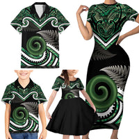 Koru Pounamu Aotearoa Family Matching Short Sleeve Bodycon Dress and Hawaiian Shirt Maori Paua Shell Mix Silver Fern LT14 - Polynesian Pride
