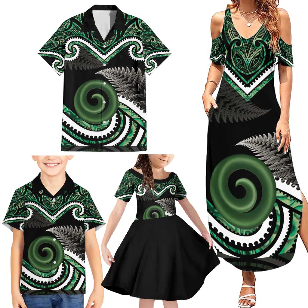 Koru Pounamu Aotearoa Family Matching Summer Maxi Dress and Hawaiian Shirt Maori Paua Shell Mix Silver Fern LT14 - Polynesian Pride