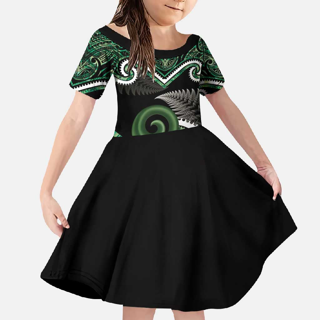 Koru Pounamu Aotearoa Family Matching Tank Maxi Dress and Hawaiian Shirt Maori Paua Shell Mix Silver Fern LT14 Daughter's Dress Black - Polynesian Pride