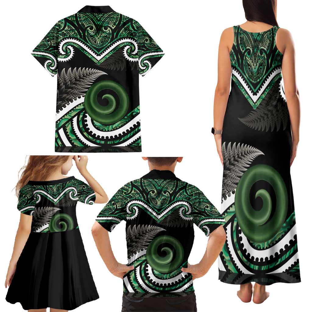 Koru Pounamu Aotearoa Family Matching Tank Maxi Dress and Hawaiian Shirt Maori Paua Shell Mix Silver Fern LT14 - Polynesian Pride