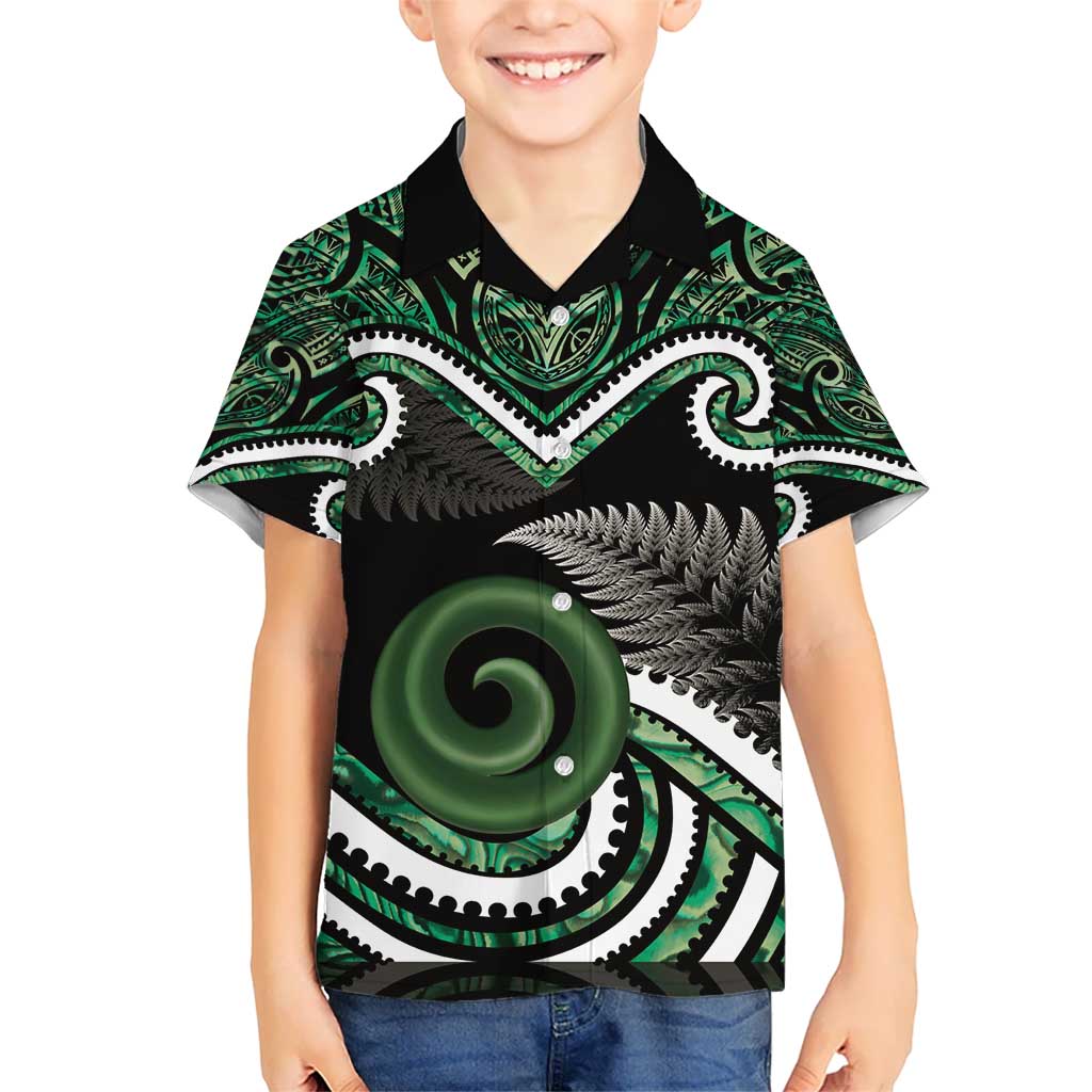 Koru Pounamu Aotearoa Kid Hawaiian Shirt Maori Paua Shell Mix Silver Fern LT14 Kid Black - Polynesian Pride