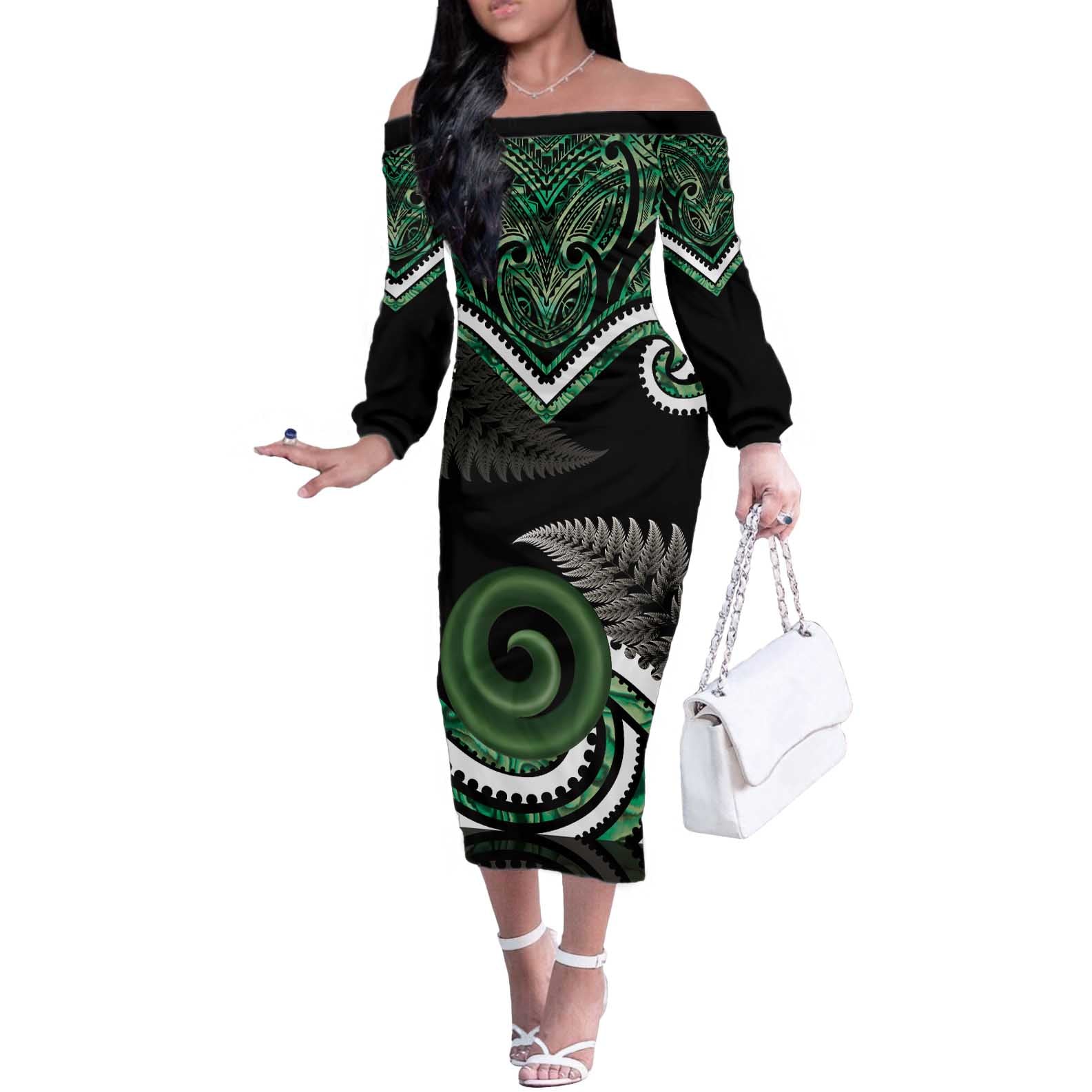 Koru Pounamu Aotearoa Off The Shoulder Long Sleeve Dress Maori Paua Shell Mix Silver Fern LT14 Women Black - Polynesian Pride