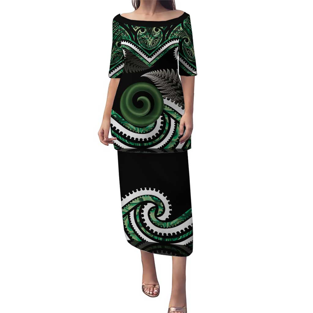 Koru Pounamu Aotearoa Puletasi Maori Paua Shell Mix Silver Fern LT14 Long Dress Black - Polynesian Pride
