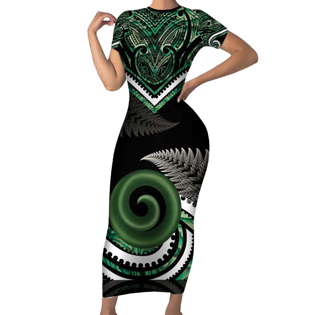 Koru Pounamu Aotearoa Short Sleeve Bodycon Dress Maori Paua Shell Mix Silver Fern LT14 Long Dress Black - Polynesian Pride