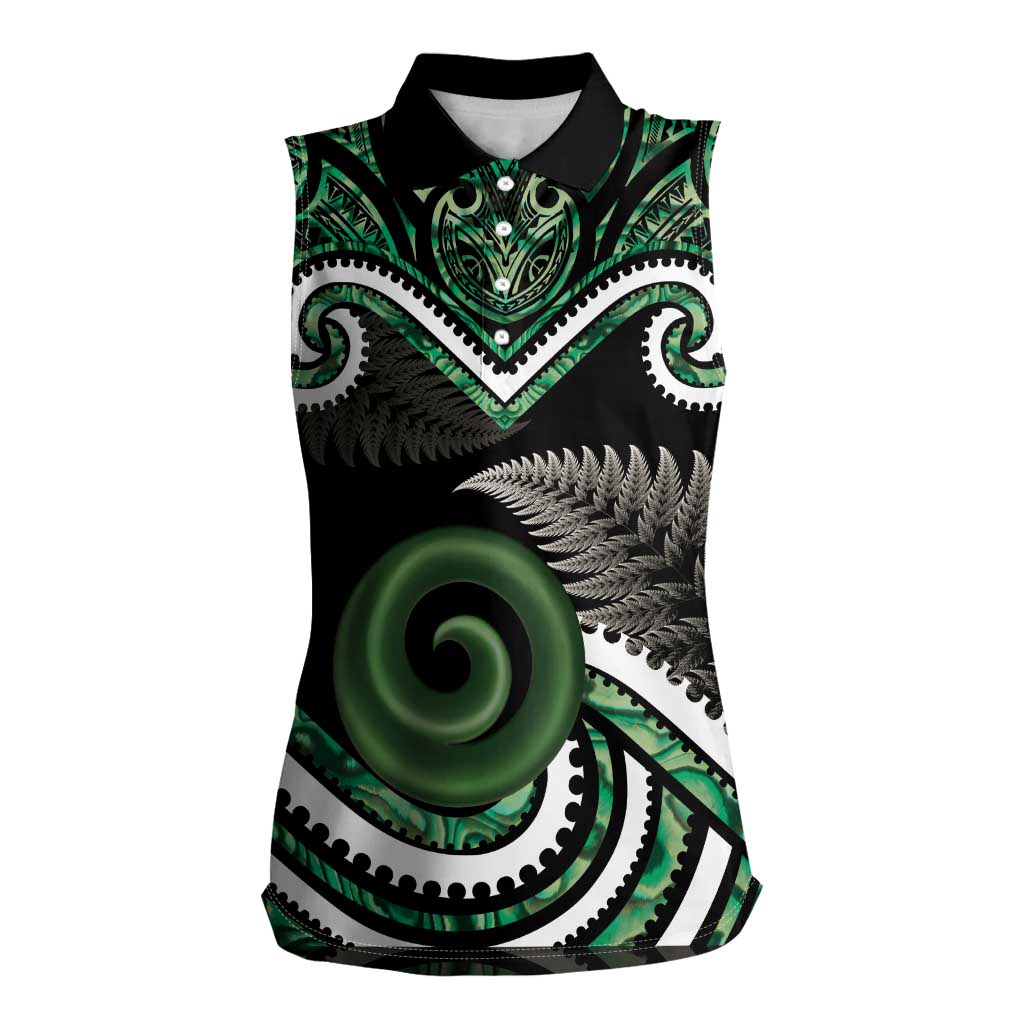 Koru Pounamu Aotearoa Women Sleeveless Polo Shirt Maori Paua Shell Mix Silver Fern LT14 Female Black - Polynesian Pride