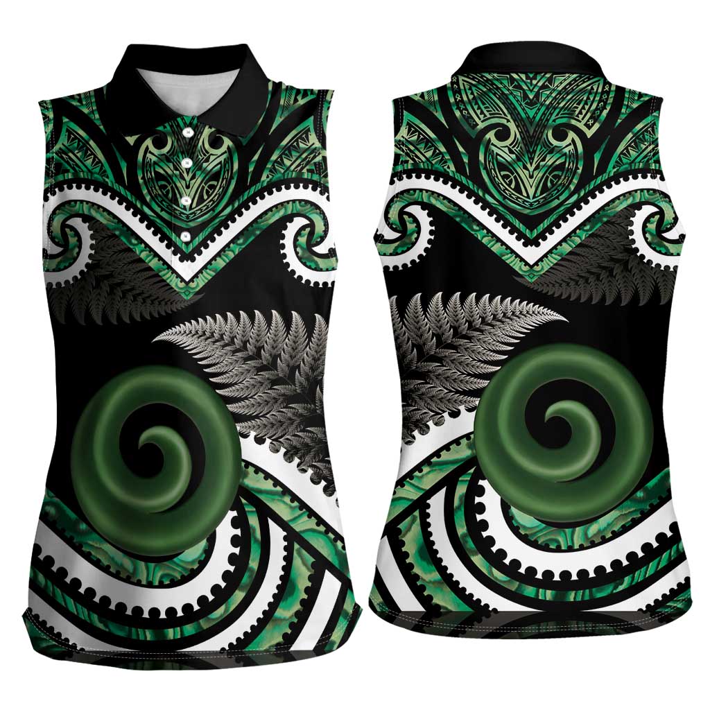 Koru Pounamu Aotearoa Women Sleeveless Polo Shirt Maori Paua Shell Mix Silver Fern LT14 - Polynesian Pride