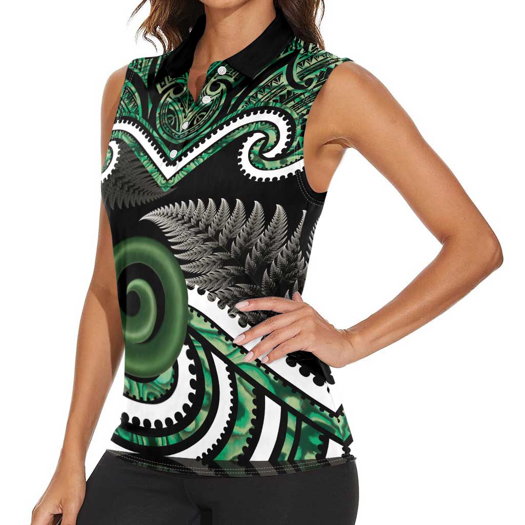 Koru Pounamu Aotearoa Women Sleeveless Polo Shirt Maori Paua Shell Mix Silver Fern LT14 - Polynesian Pride