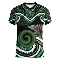 Koru Pounamu Aotearoa Women V-Neck T-Shirt Maori Paua Shell Mix Silver Fern LT14 Female Black - Polynesian Pride