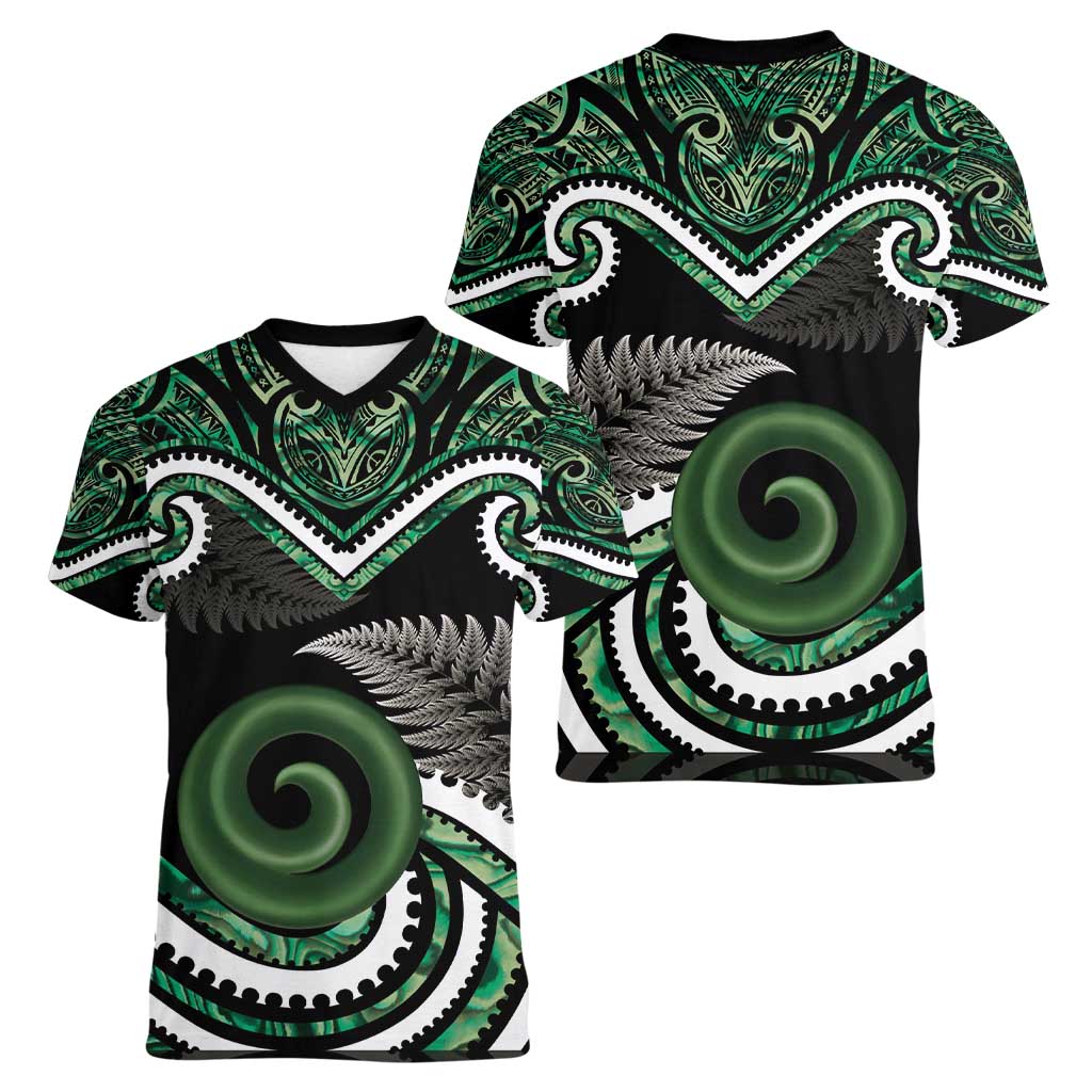 Koru Pounamu Aotearoa Women V-Neck T-Shirt Maori Paua Shell Mix Silver Fern LT14 - Polynesian Pride