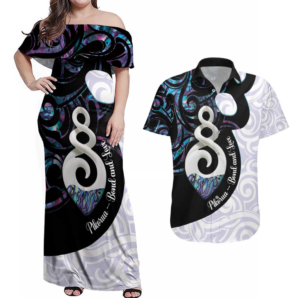 Aotearoa Pikorua Couples Matching Off Shoulder Maxi Dress and Hawaiian Shirt NZ Twist - Bond And Love LT14 White - Polynesian Pride