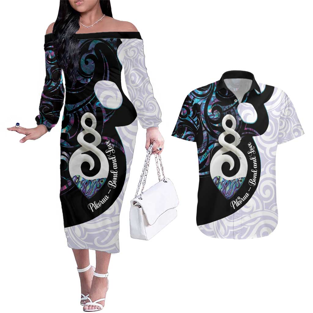 Aotearoa Pikorua Couples Matching Off The Shoulder Long Sleeve Dress and Hawaiian Shirt NZ Twist - Bond And Love LT14 White - Polynesian Pride