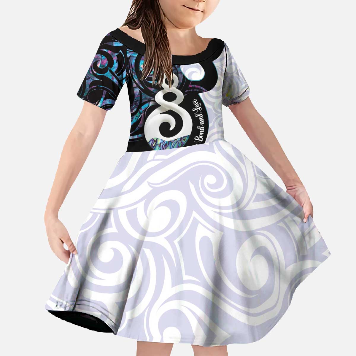 Aotearoa Pikorua Family Matching Off The Shoulder Long Sleeve Dress and Hawaiian Shirt NZ Twist - Bond And Love LT14 Daughter's Dress White - Polynesian Pride
