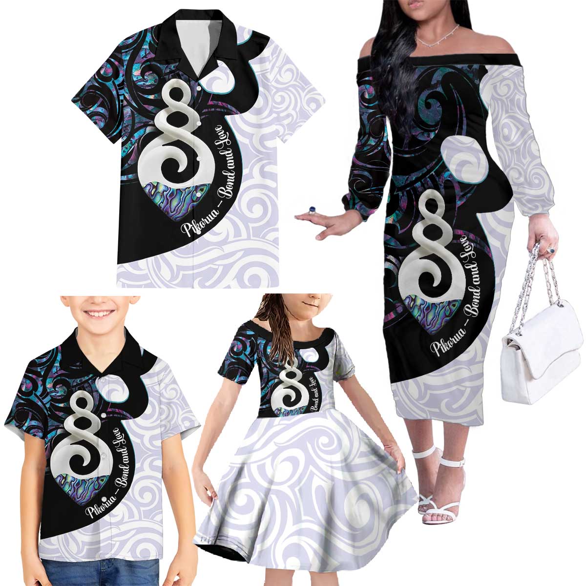 Aotearoa Pikorua Family Matching Off The Shoulder Long Sleeve Dress and Hawaiian Shirt NZ Twist - Bond And Love LT14 - Polynesian Pride