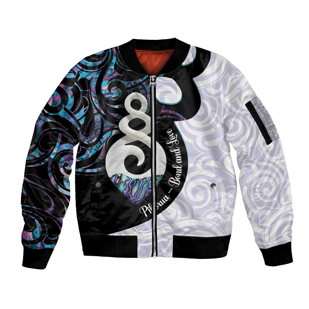 Aotearoa Pikorua Sleeve Zip Bomber Jacket NZ Twist - Bond And Love LT14 Unisex White - Polynesian Pride