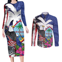 United States Guam Couples Matching Long Sleeve Bodycon Dress and Long Sleeve Button Shirt USA Eagle Guahan Seal Bougainvillea LT14 Blue - Polynesian Pride