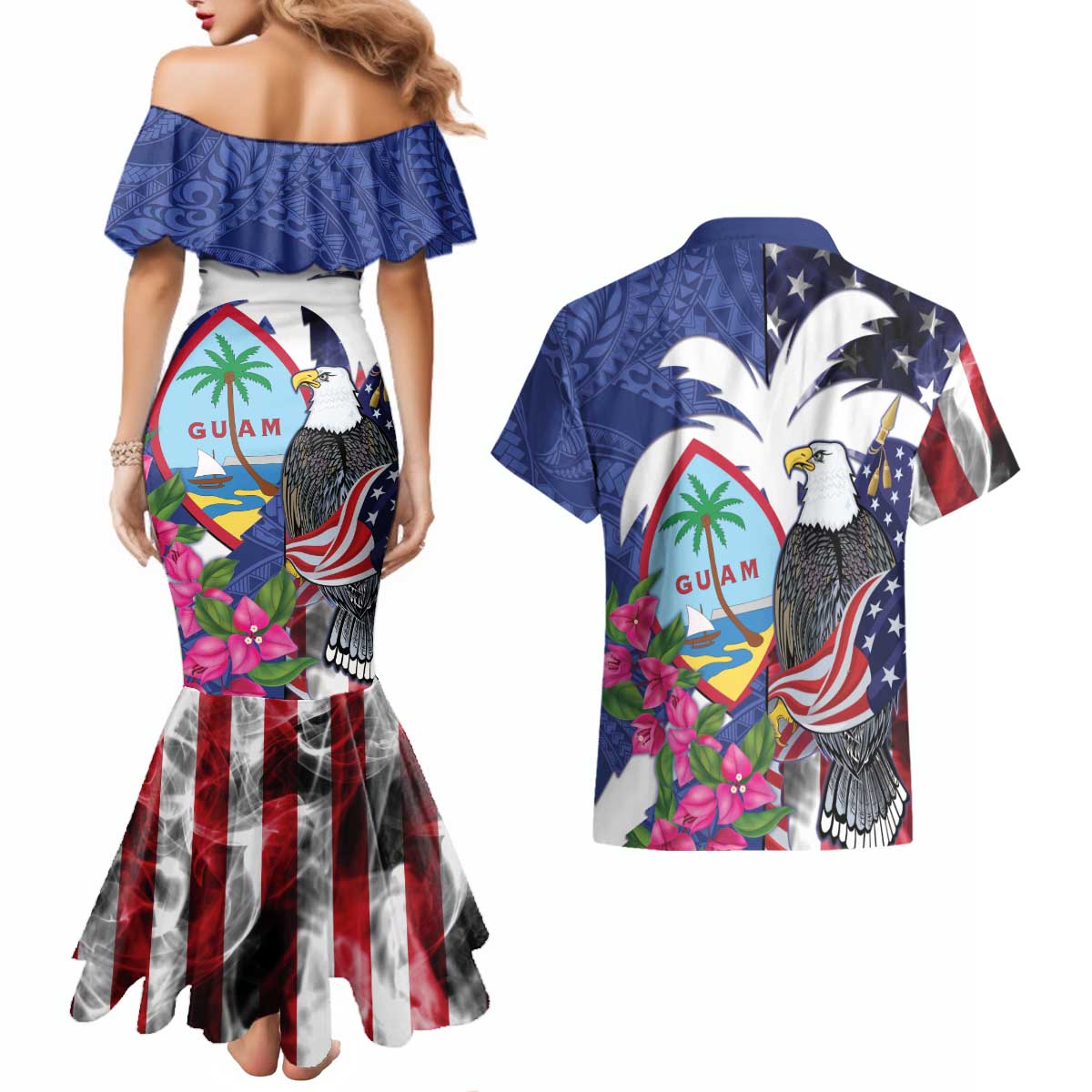 United States Guam Couples Matching Mermaid Dress and Hawaiian Shirt USA Eagle Guahan Seal Bougainvillea LT14 - Polynesian Pride
