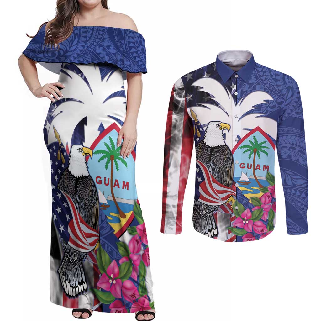 United States Guam Couples Matching Off Shoulder Maxi Dress and Long Sleeve Button Shirt USA Eagle Guahan Seal Bougainvillea LT14 Blue - Polynesian Pride