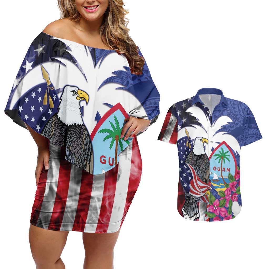 United States Guam Couples Matching Off Shoulder Short Dress and Hawaiian Shirt USA Eagle Guahan Seal Bougainvillea LT14 Blue - Polynesian Pride