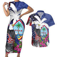 United States Guam Couples Matching Short Sleeve Bodycon Dress and Hawaiian Shirt USA Eagle Guahan Seal Bougainvillea LT14 Blue - Polynesian Pride