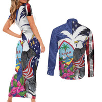 United States Guam Couples Matching Short Sleeve Bodycon Dress and Long Sleeve Button Shirt USA Eagle Guahan Seal Bougainvillea LT14 - Polynesian Pride