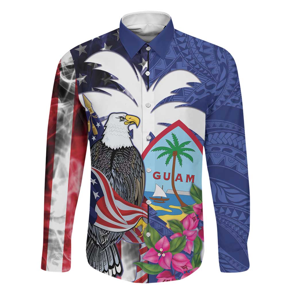 United States Guam Family Matching Mermaid Dress and Hawaiian Shirt USA Eagle Guahan Seal Bougainvillea LT14 Dad's Shirt - Long Sleeve Blue - Polynesian Pride