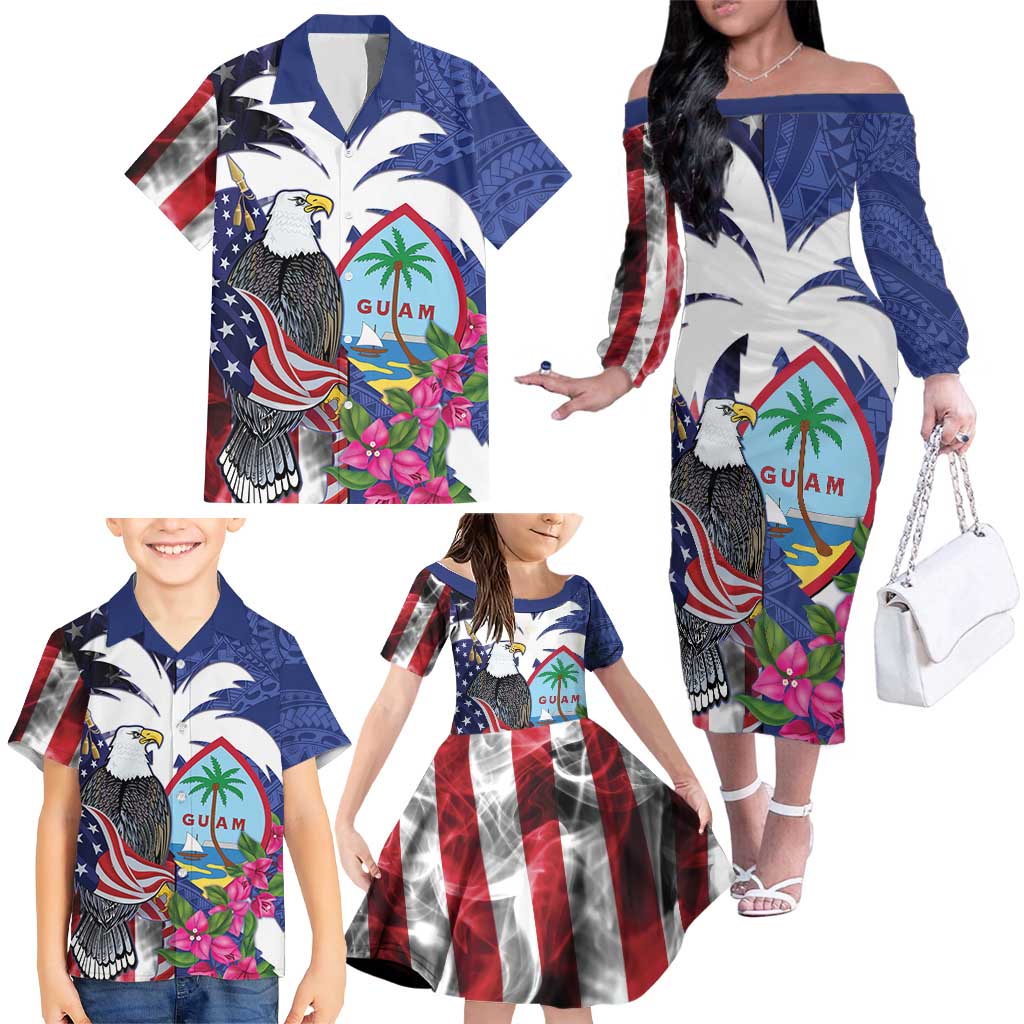 United States Guam Family Matching Off The Shoulder Long Sleeve Dress and Hawaiian Shirt USA Eagle Guahan Seal Bougainvillea - Polynesian Pride