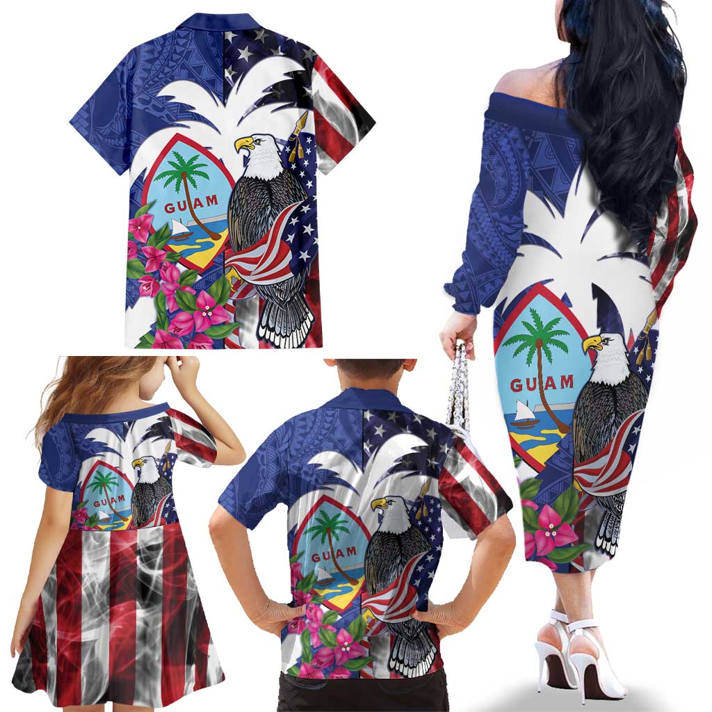 United States Guam Family Matching Off The Shoulder Long Sleeve Dress and Hawaiian Shirt USA Eagle Guahan Seal Bougainvillea LT14 - Polynesian Pride