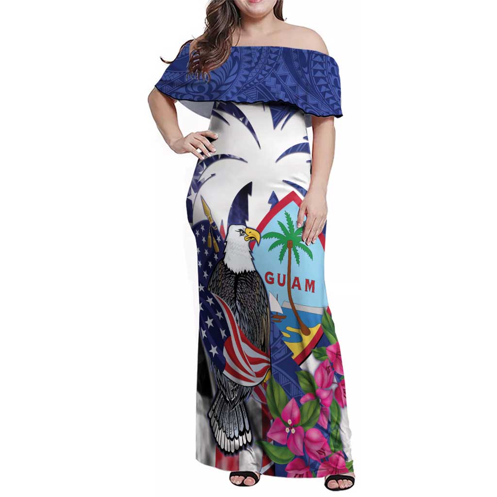 United States Guam Family Matching Off Shoulder Maxi Dress and Hawaiian Shirt USA Eagle Guahan Seal Bougainvillea LT14 Mom's Dress Blue - Polynesian Pride