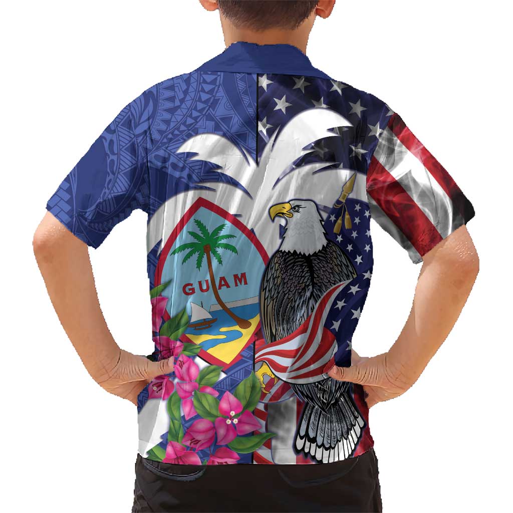 United States Guam Family Matching Off Shoulder Short Dress and Hawaiian Shirt USA Eagle Guahan Seal Bougainvillea LT14 - Polynesian Pride