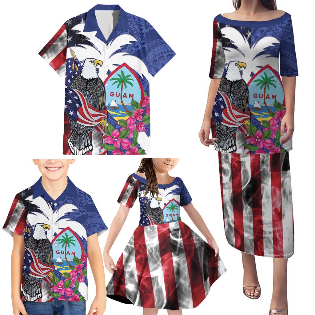 United States Guam Family Matching Puletasi and Hawaiian Shirt USA Eagle Guahan Seal Bougainvillea LT14 - Polynesian Pride