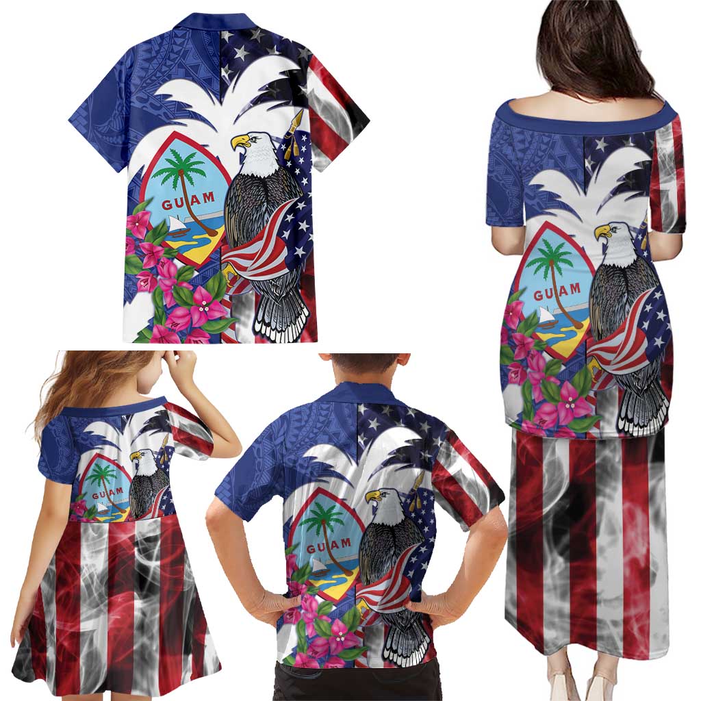 United States Guam Family Matching Puletasi and Hawaiian Shirt USA Eagle Guahan Seal Bougainvillea LT14 - Polynesian Pride
