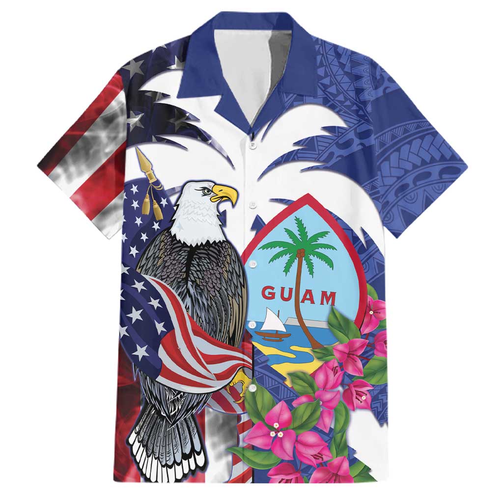 United States Guam Family Matching Puletasi and Hawaiian Shirt USA Eagle Guahan Seal Bougainvillea LT14 Dad's Shirt - Short Sleeve Blue - Polynesian Pride