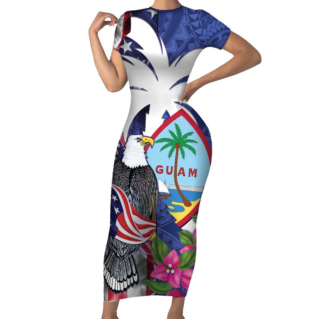 United States Guam Family Matching Short Sleeve Bodycon Dress and Hawaiian Shirt USA Eagle Guahan Seal Bougainvillea LT14 Mom's Dress Blue - Polynesian Pride