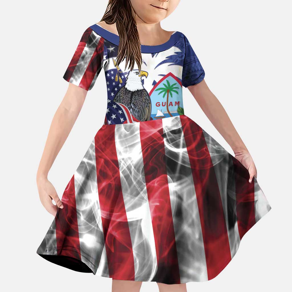 United States Guam Family Matching Summer Maxi Dress and Hawaiian Shirt USA Eagle Guahan Seal Bougainvillea LT14 Daughter's Dress Blue - Polynesian Pride