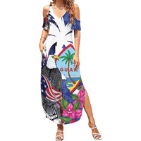United States Guam Family Matching Summer Maxi Dress and Hawaiian Shirt USA Eagle Guahan Seal Bougainvillea LT14 Mom's Dress Blue - Polynesian Pride
