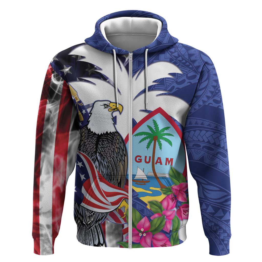 United States Guam Hoodie USA Eagle Guahan Seal Bougainvillea LT14 Zip Hoodie Blue - Polynesian Pride