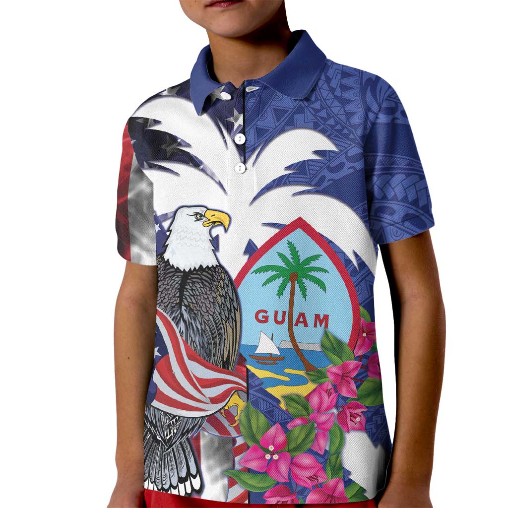 United States Guam Kid Polo Shirt USA Eagle Guahan Seal Bougainvillea LT14 Kid Blue - Polynesian Pride