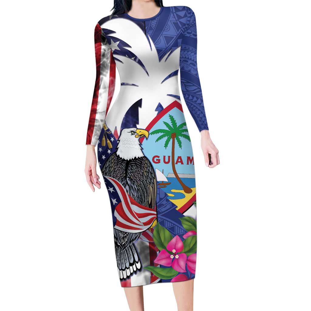 United States Guam Long Sleeve Bodycon Dress USA Eagle Guahan Seal Bougainvillea LT14 Long Dress Blue - Polynesian Pride