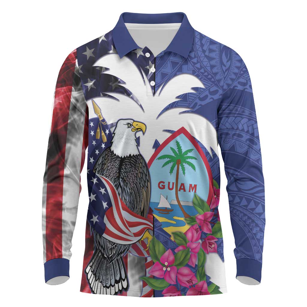 United States Guam Long Sleeve Polo Shirt USA Eagle Guahan Seal Bougainvillea LT14 Blue - Polynesian Pride