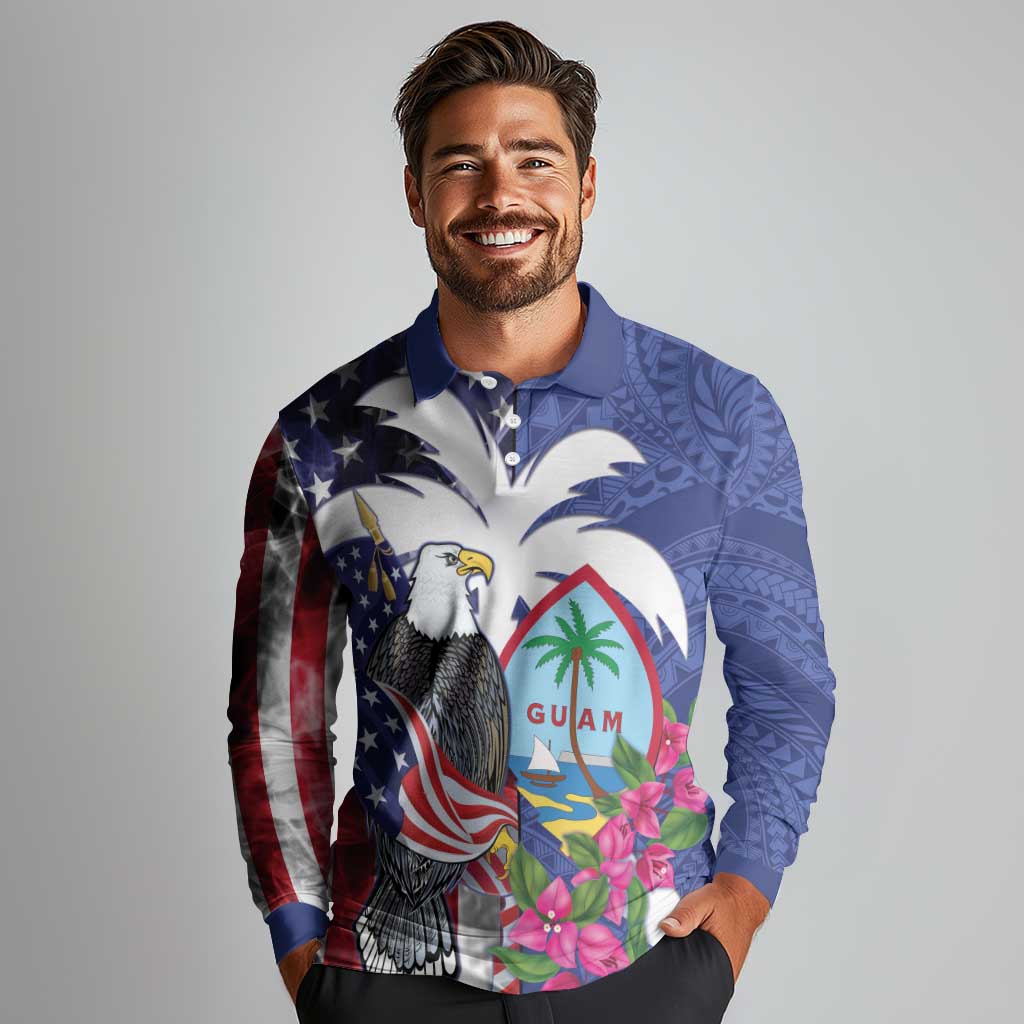 United States Guam Long Sleeve Polo Shirt USA Eagle Guahan Seal Bougainvillea LT14 - Polynesian Pride