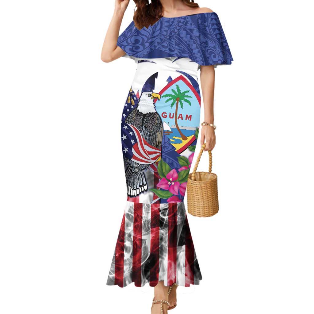 United States Guam Mermaid Dress USA Eagle Guahan Seal Bougainvillea LT14 Women Blue - Polynesian Pride