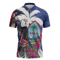 United States Guam Zipper Polo Shirt USA Eagle Guahan Seal Bougainvillea LT14 Blue - Polynesian Pride