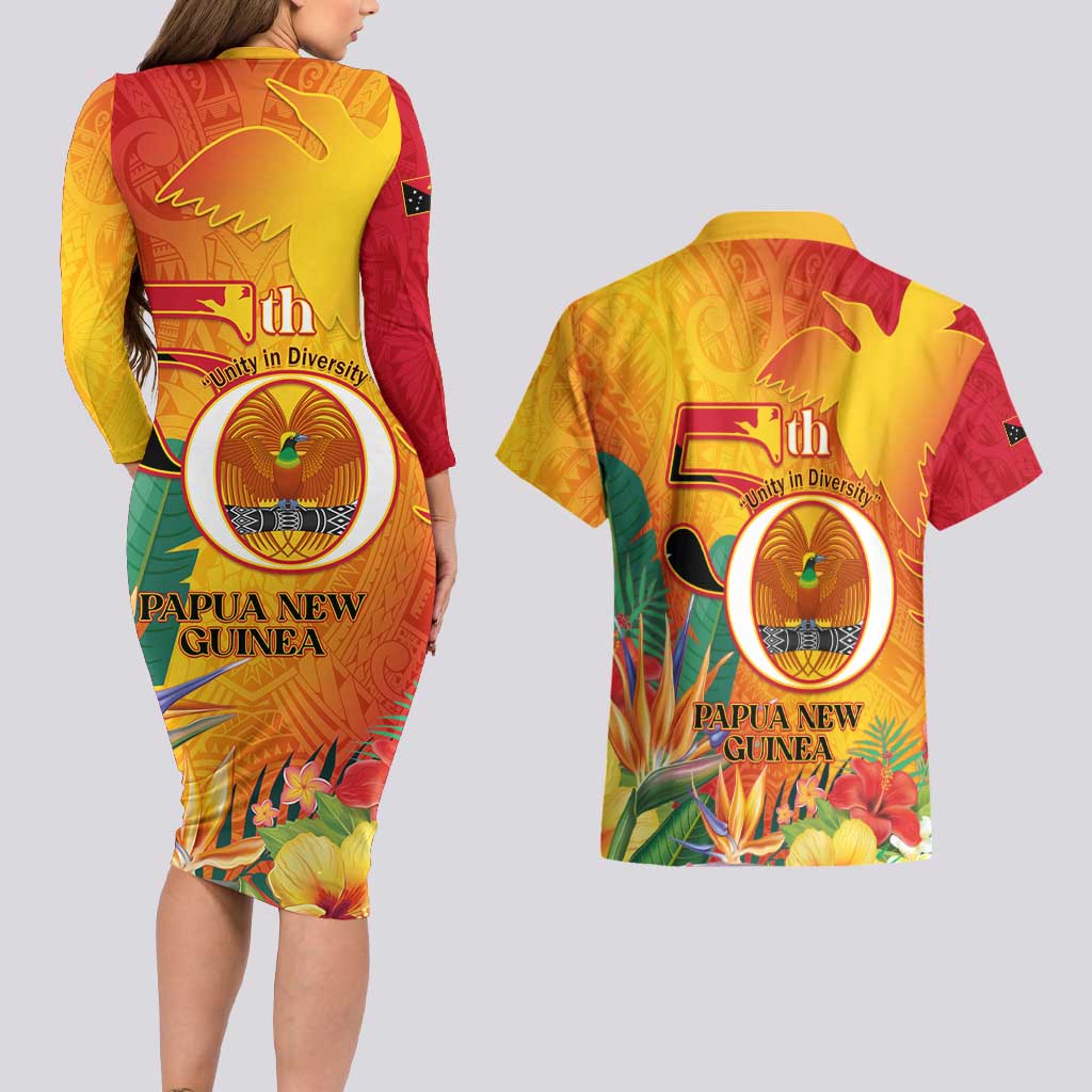 Papua New Guinea Independence Day Couples Matching Long Sleeve Bodycon Dress and Hawaiian Shirt 50th Anniversary Unity in Diversity LT14 - Polynesian Pride
