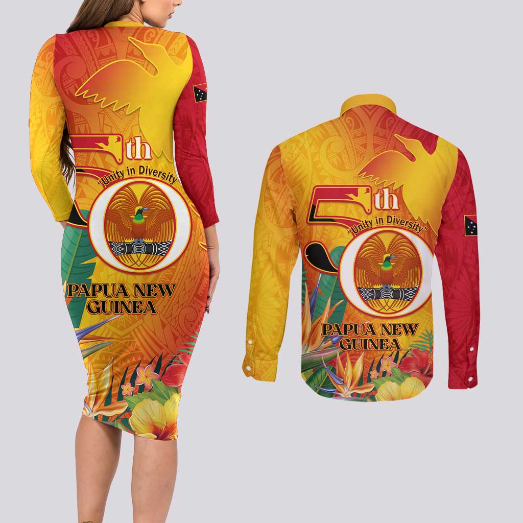 Papua New Guinea Independence Day Couples Matching Long Sleeve Bodycon Dress and Long Sleeve Button Shirt 50th Anniversary Unity in Diversity LT14 - Polynesian Pride