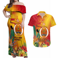 Papua New Guinea Independence Day Couples Matching Off Shoulder Maxi Dress and Hawaiian Shirt 50th Anniversary Unity in Diversity LT14 Red - Polynesian Pride