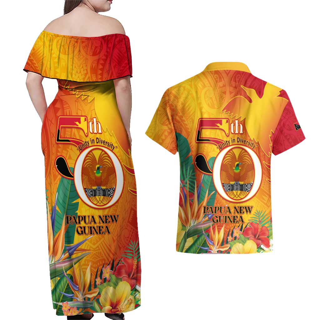 Papua New Guinea Independence Day Couples Matching Off Shoulder Maxi Dress and Hawaiian Shirt 50th Anniversary Unity in Diversity LT14 - Polynesian Pride